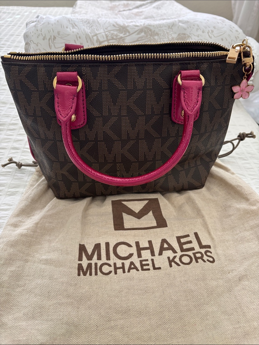Michael Kors Brown Logo Satchel with Fuchsia Trim